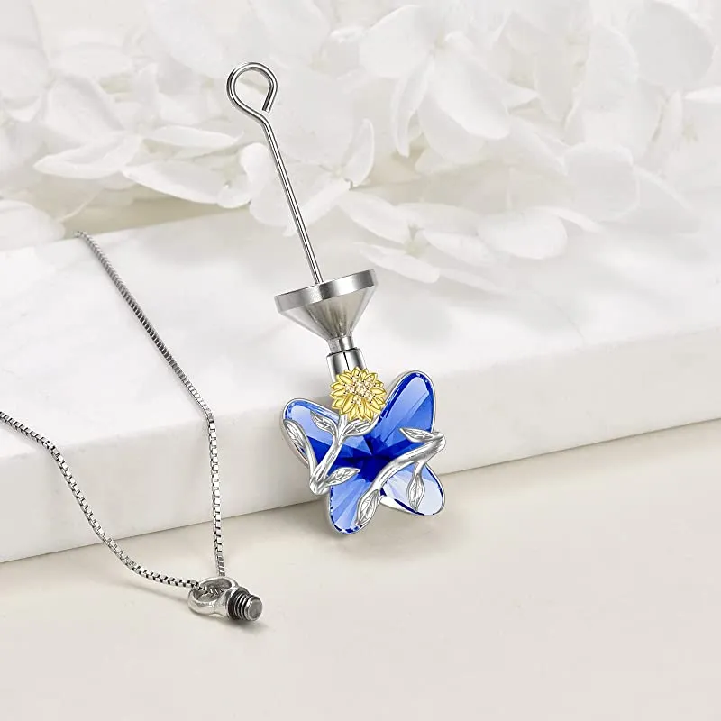 Butterfly Urn Necklace for Ashes 925 Sterling Silver Sunflower Butterfly Pendant Cremation Keepsake Necklace for Women Jewelry