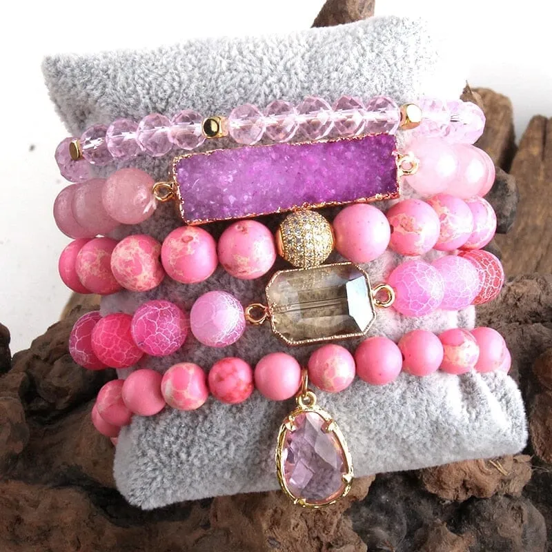 Charms 5pc Bracelet Set Fashion Designer Amethyst Stone