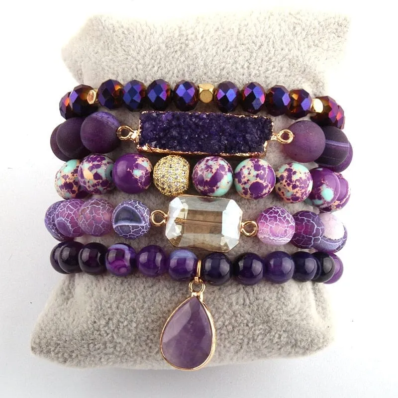 Charms 5pc Bracelet Set Fashion Designer Amethyst Stone