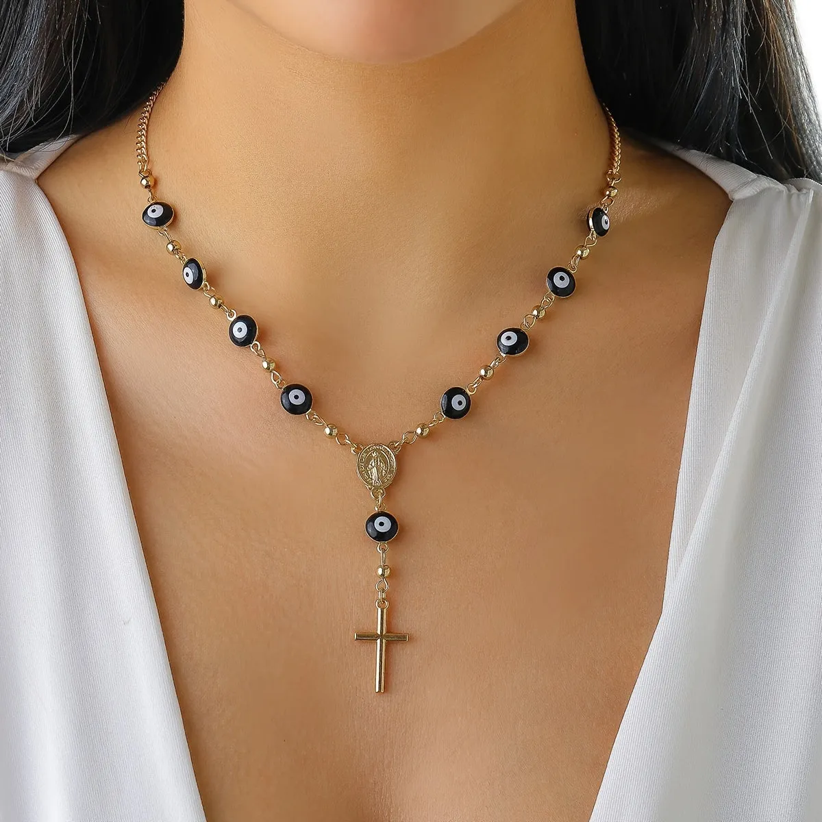 Devil's Eye Beaded Necklace Cross Shape Pendant Y-shaped Necklace Elegant Neck Chain Jewelry