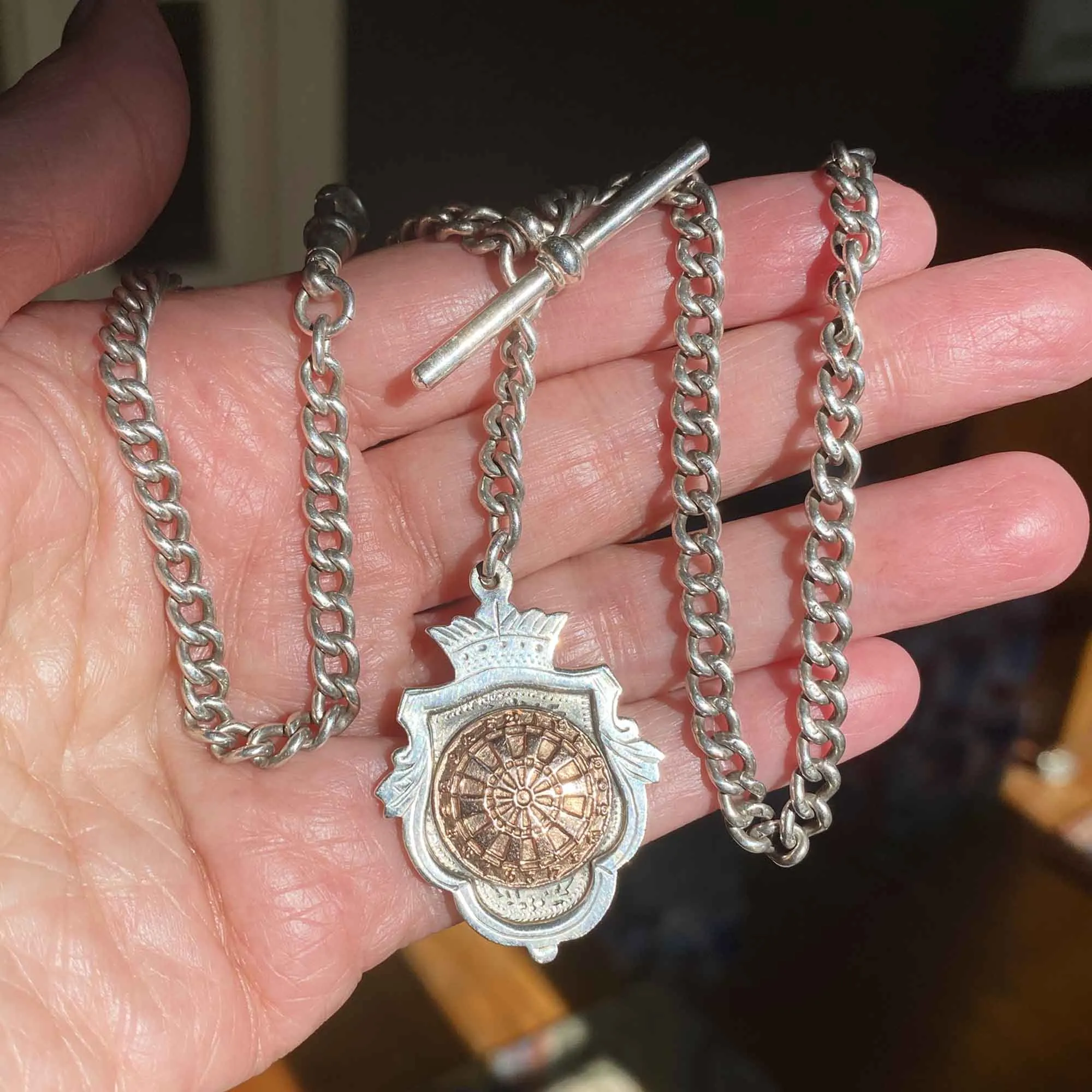 Edwardian Silver Double Albert Watch Chain, Rose Gold Fob