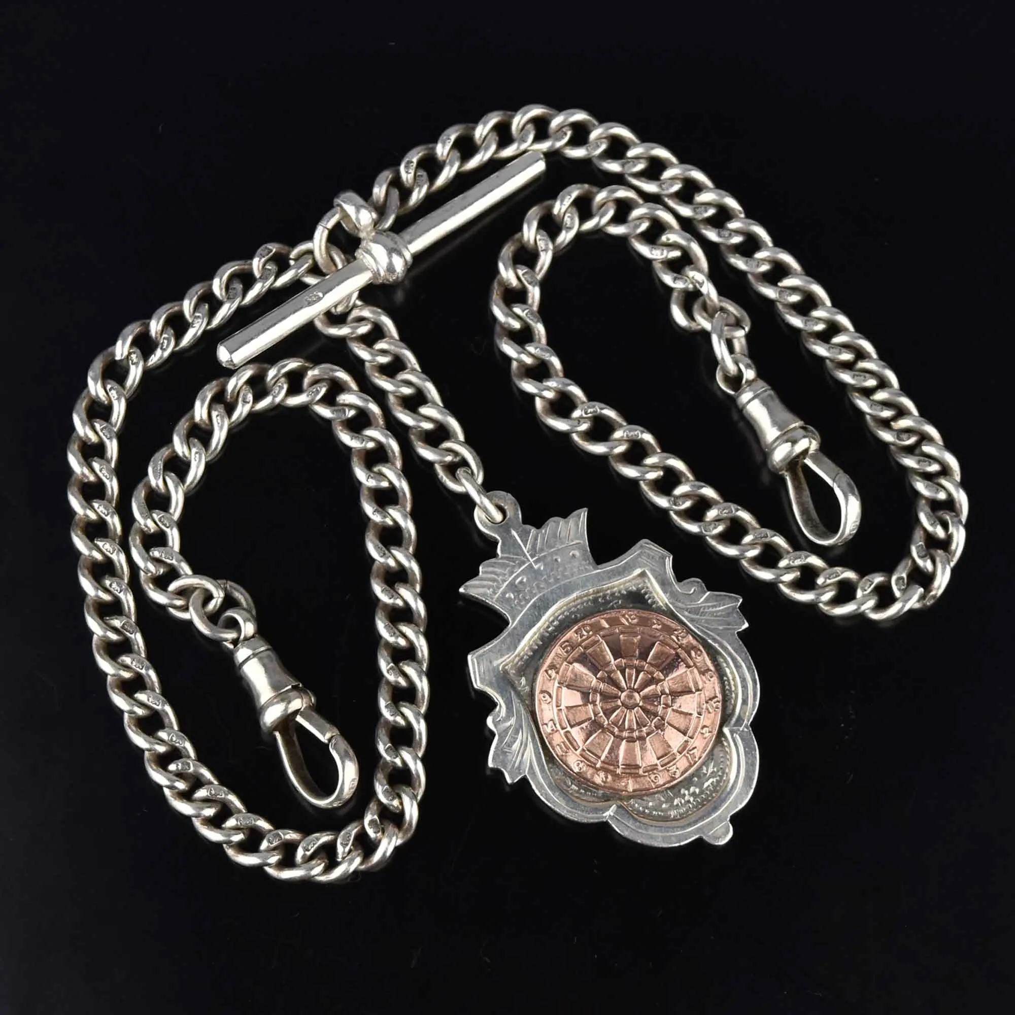 Edwardian Silver Double Albert Watch Chain, Rose Gold Fob