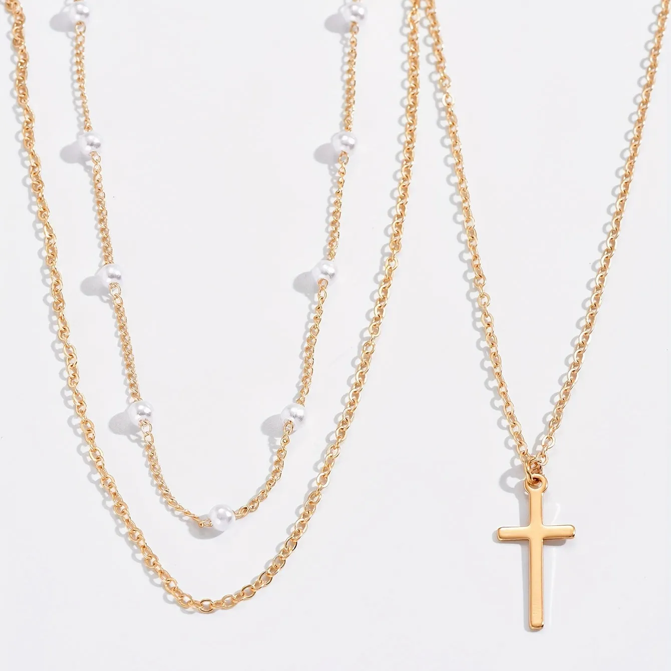 Elegant Layered Necklace with Retro Imitation Pearl Cross Pendant - Perfect Gift for Women