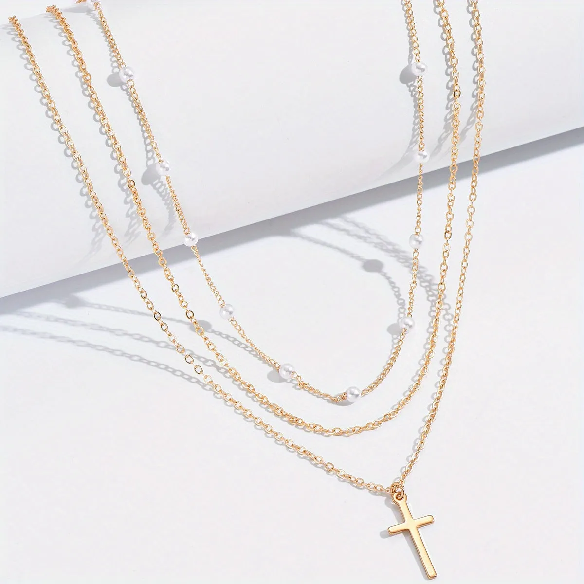 Elegant Layered Necklace with Retro Imitation Pearl Cross Pendant - Perfect Gift for Women