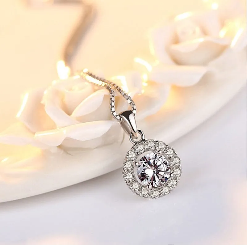 Elegant Round Diamond Pendant Necklace - 925 Sterling Silver