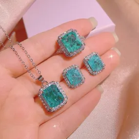 Exquisite Square Paraiba Ring Stud Necklace Set For Women