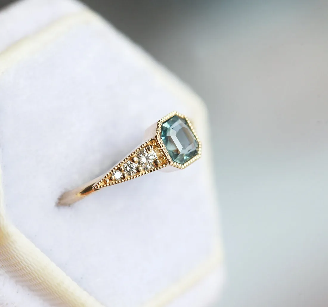 Ezra Art Deco Greenish Blue Sapphire Diamond Ring