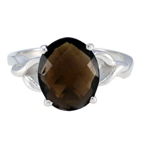 Fine-Looking Stone Smoky Quartz Sterling Silver Ring Meteorite Jewelry