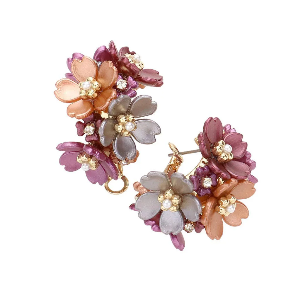 Flower Cluster Half Hoop Earrings