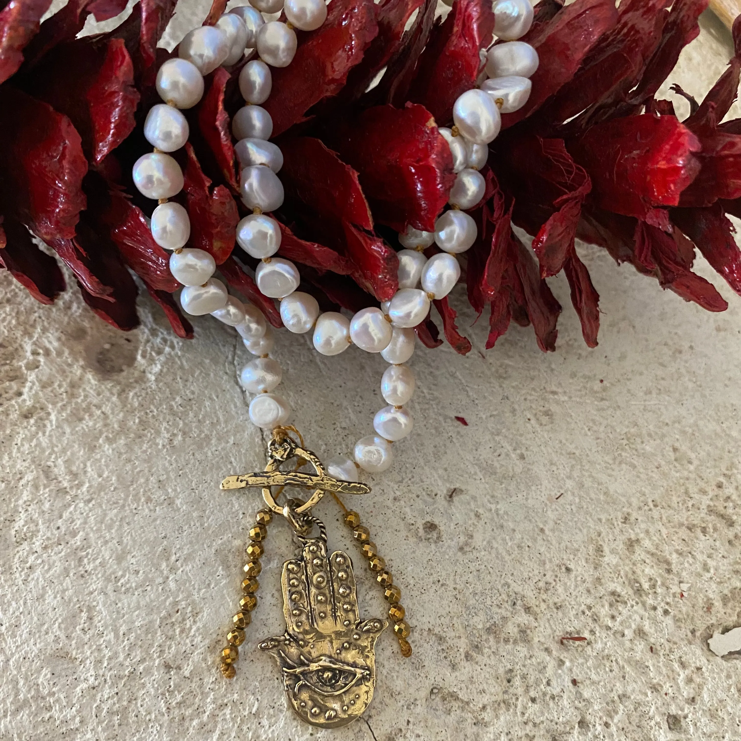 Fresh Water Pearl Toggle Necklace with Artisan Gold Bronze Hamsa Charm Pendant, 17.5in