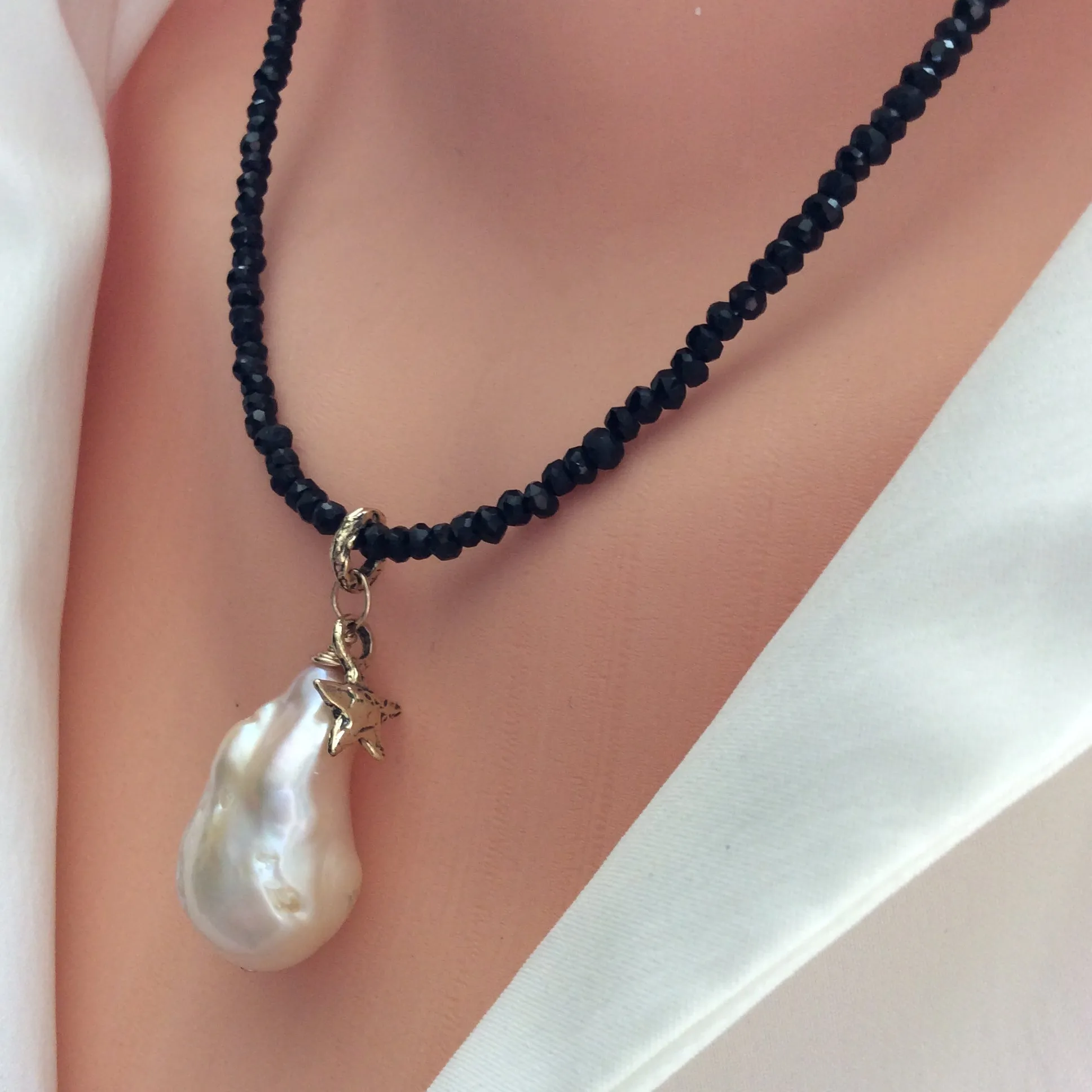 Genuine Baroque Pearl Necklace, Black Spinel Necklace,Tiny Star Charm