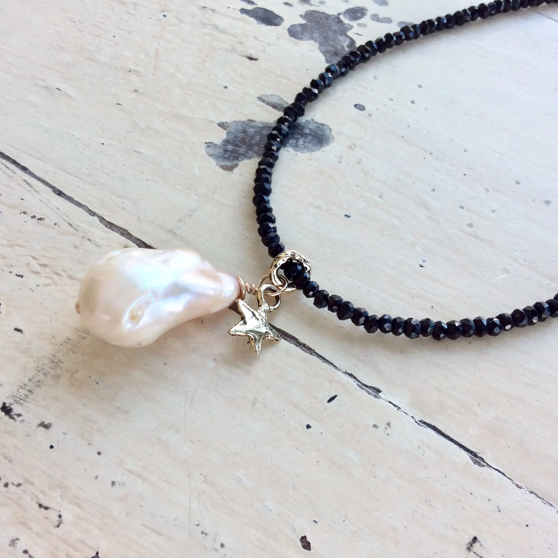 Genuine Baroque Pearl Necklace, Black Spinel Necklace,Tiny Star Charm