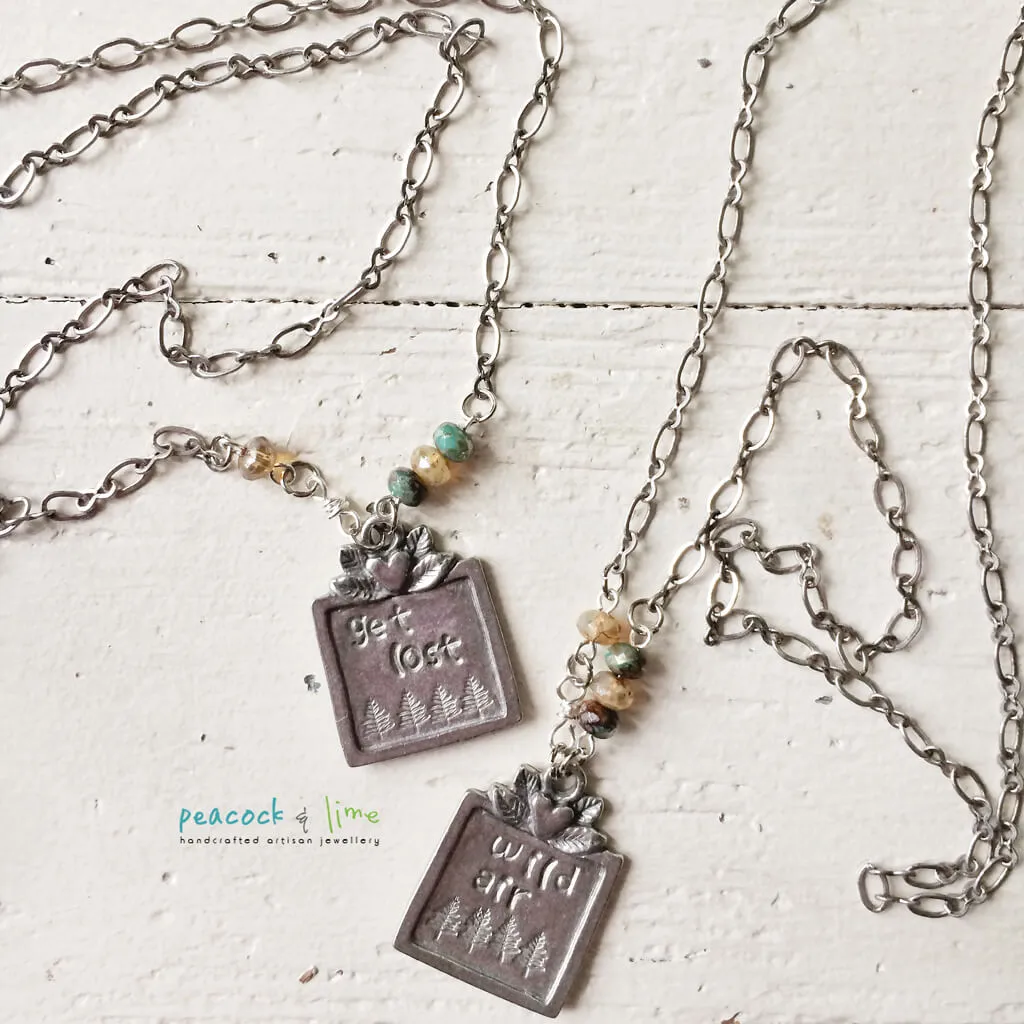 get lost or wild air // pewter handstamped nature pendant necklace