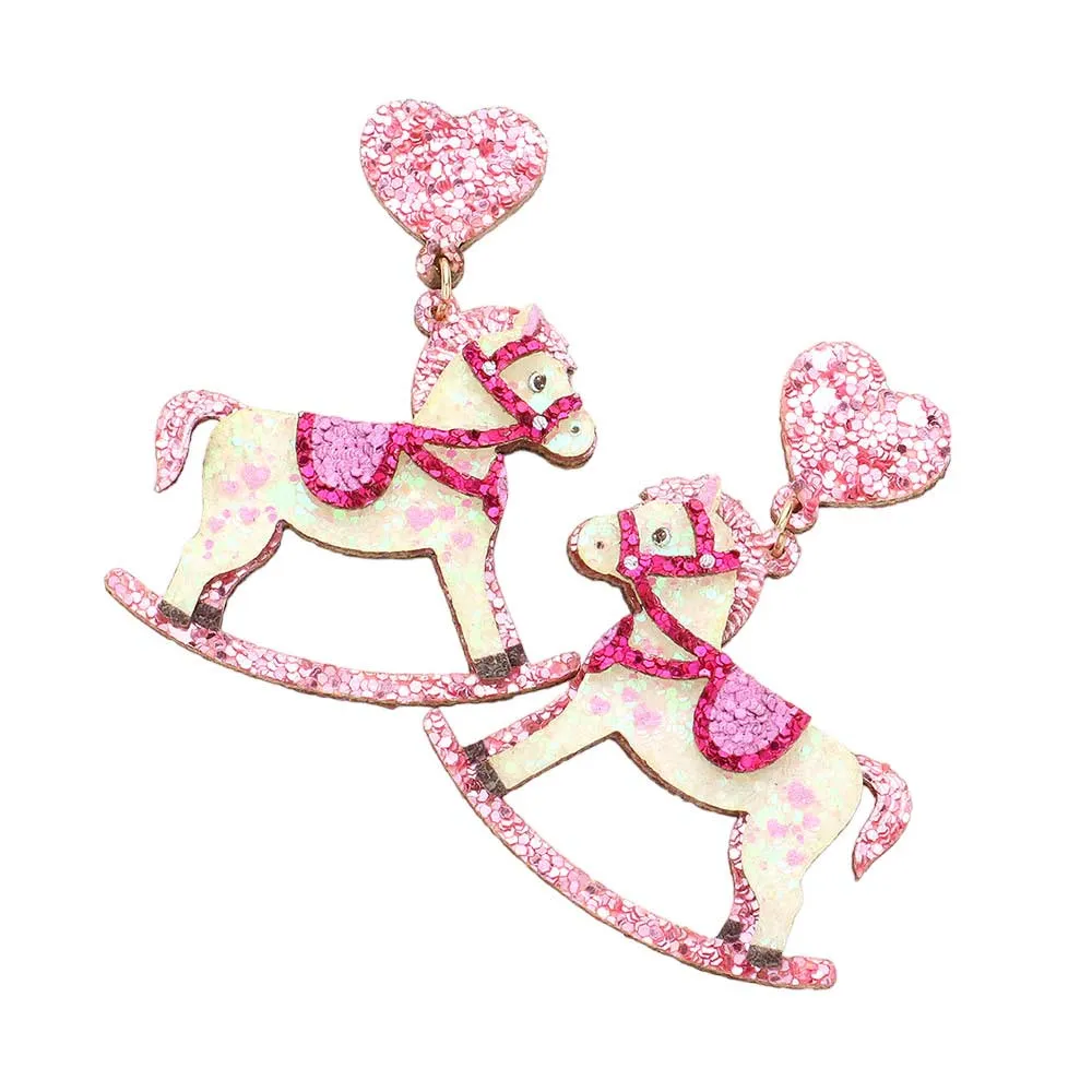 Sparkling Heart and Rocking Horse Dangle Earrings with Link Detail