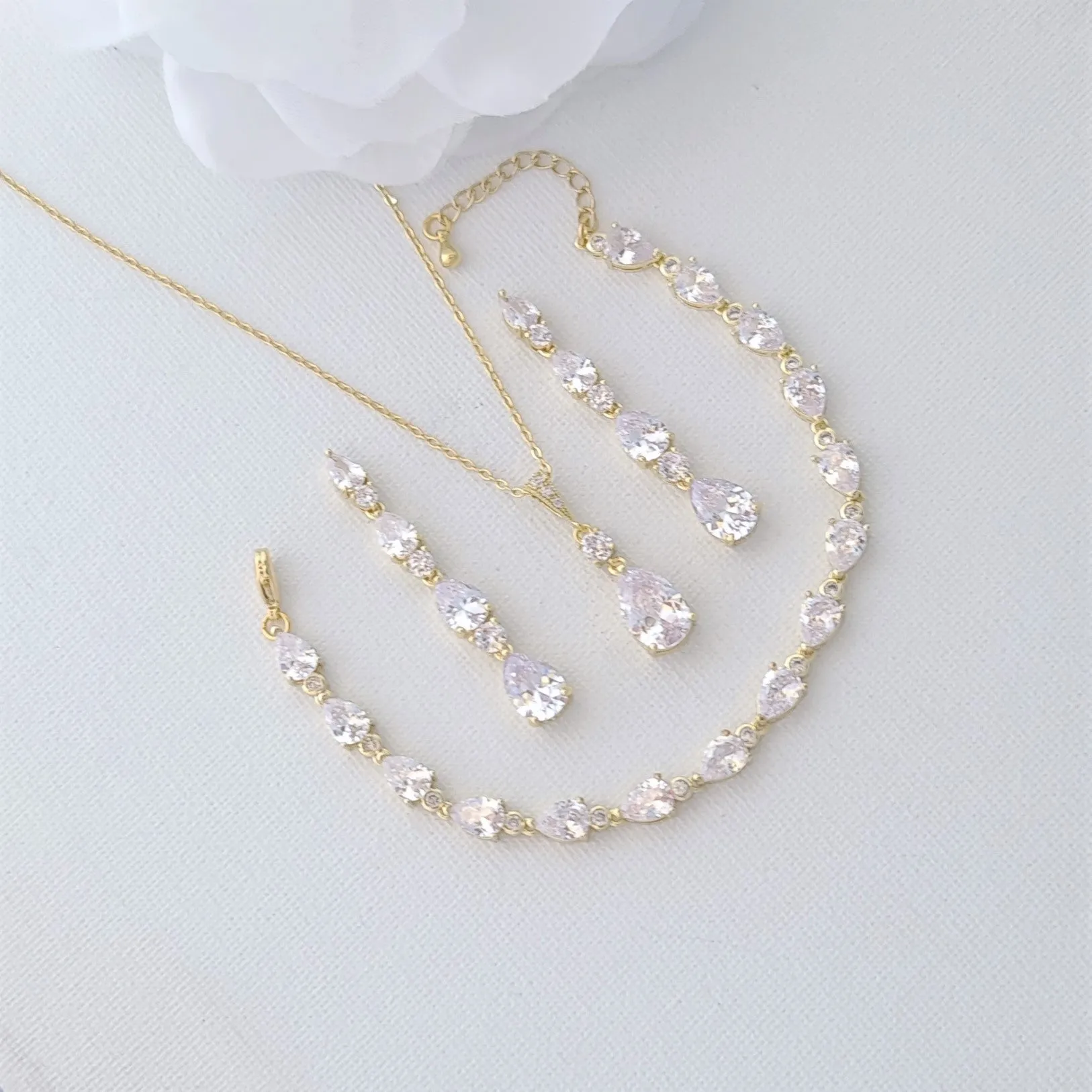 Gold Bracelet Earrings and Necklace Wedding Jewelry Set-Hazel