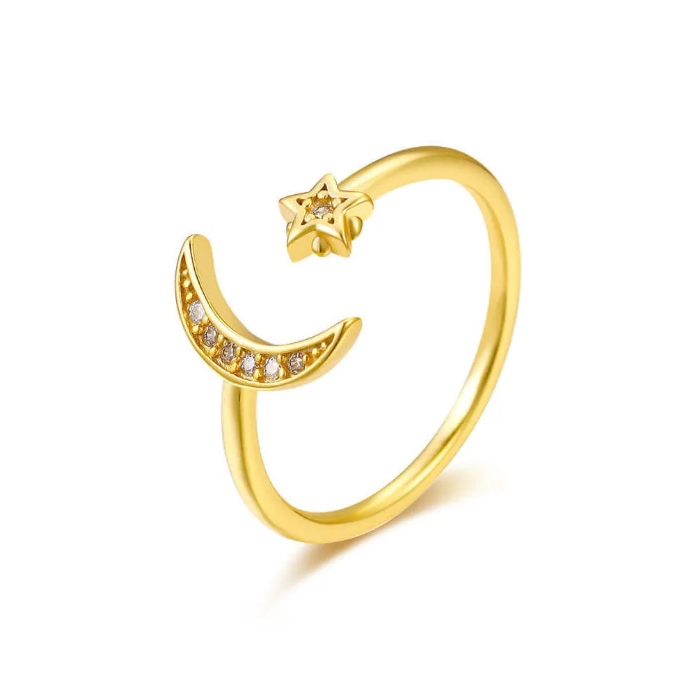 Gold CZ Diamond Adjustable Moon and Star Ring