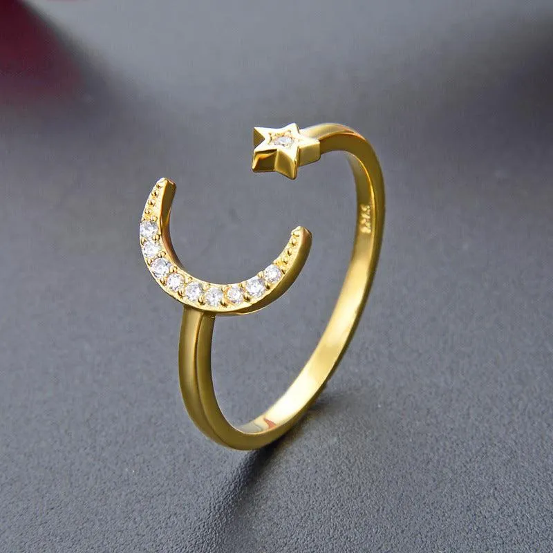 Gold CZ Diamond Adjustable Moon and Star Ring