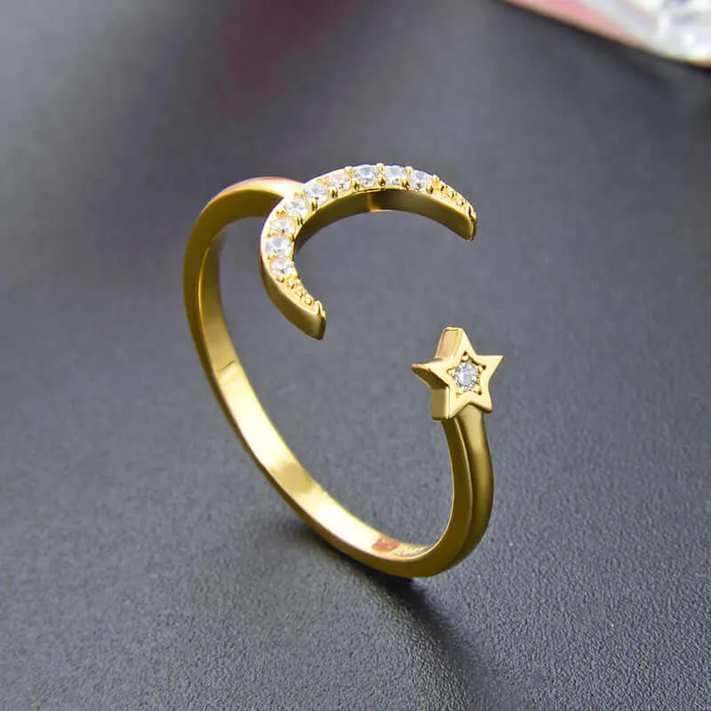 Gold CZ Diamond Adjustable Moon and Star Ring