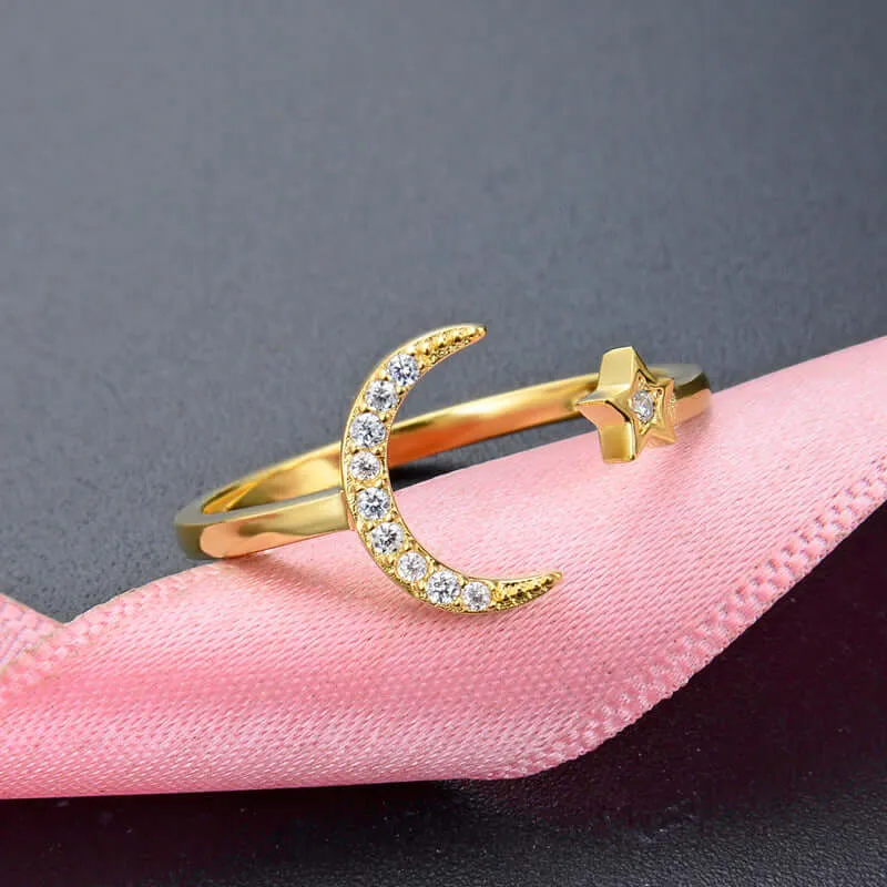 Gold CZ Diamond Adjustable Moon and Star Ring