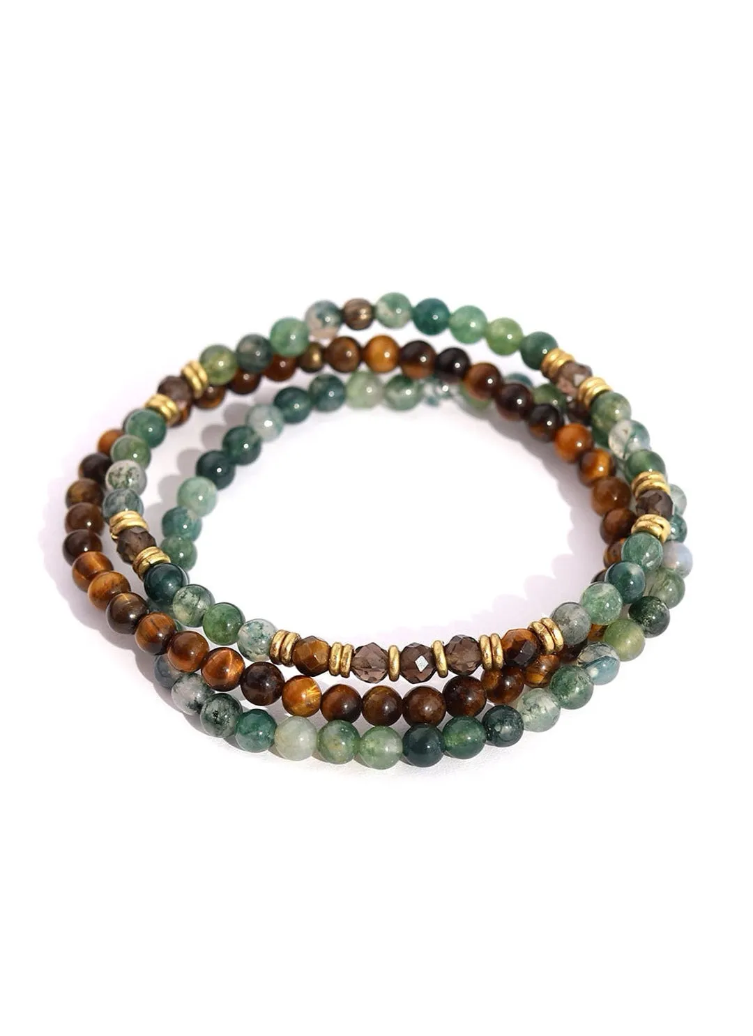 Green Moss Agate, Smoky Quartz and Tiger Eye Bracelets - Abundance and Prosperity