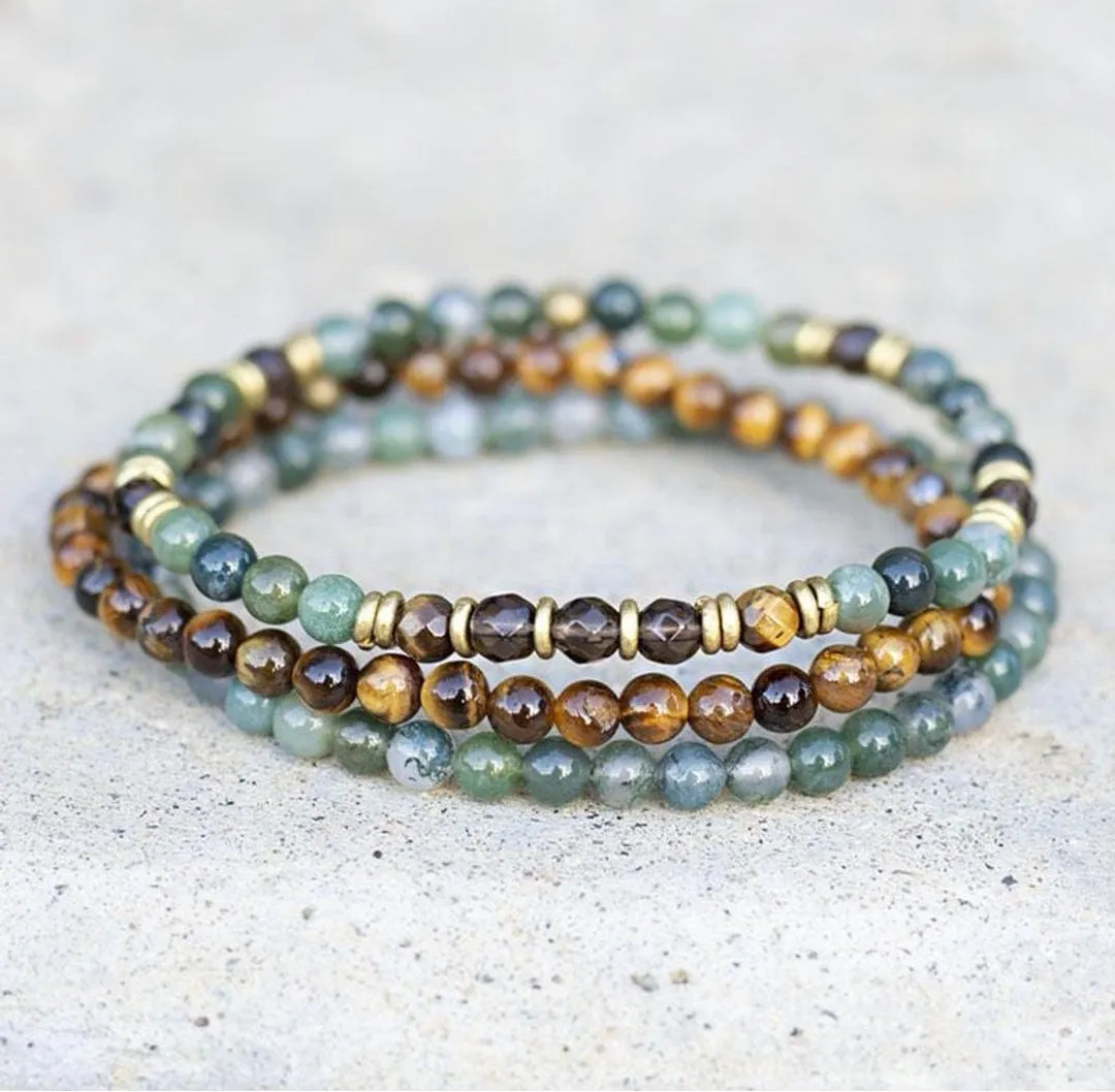 Green Moss Agate, Smoky Quartz and Tiger Eye Bracelets - Abundance and Prosperity