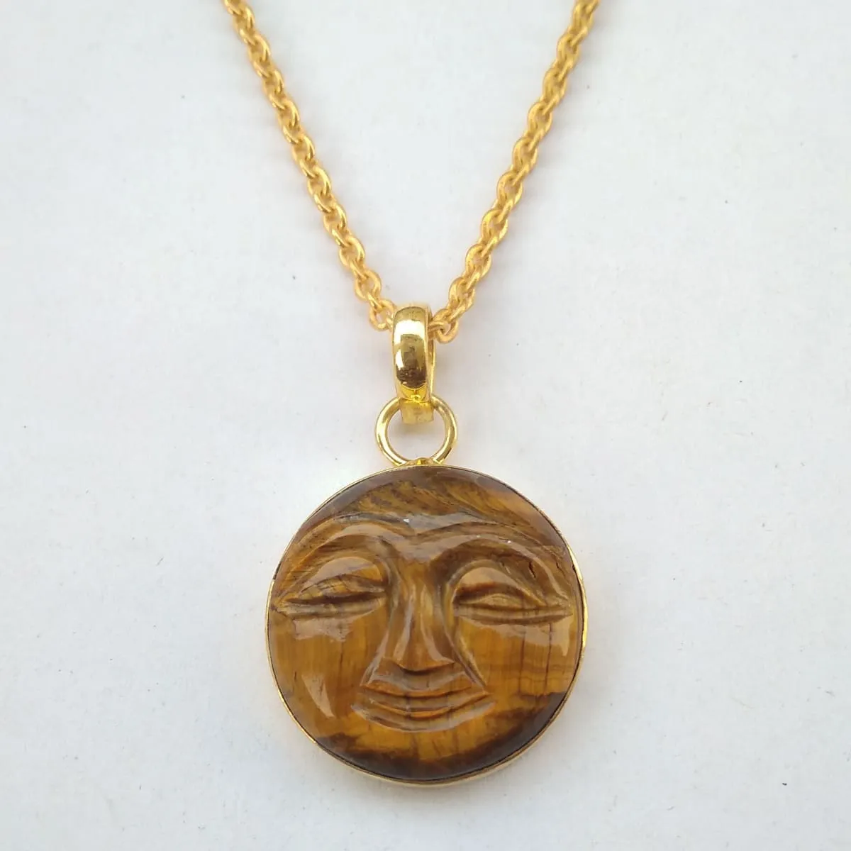 Handmade 18K Gold Plated Tiger Eye Gemstone Moon Face Pendant