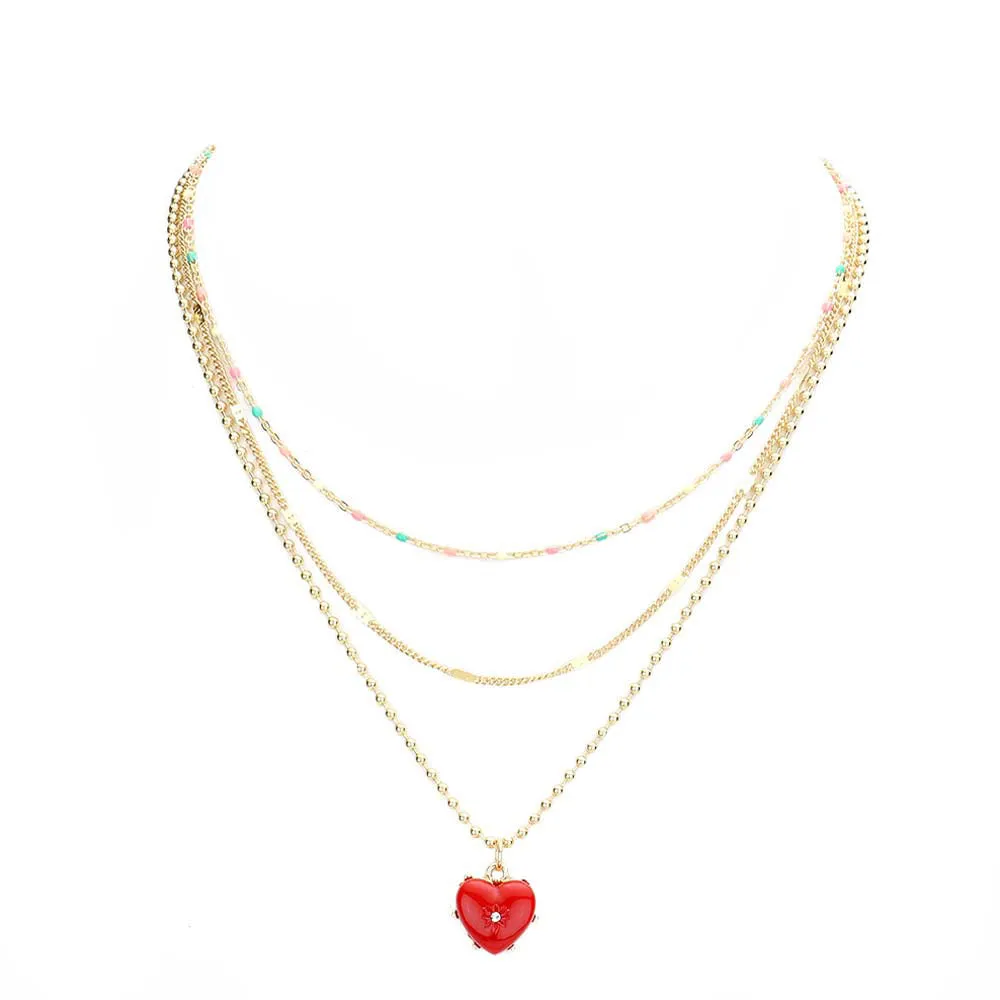 Heart Pendant Triple Layered Necklace