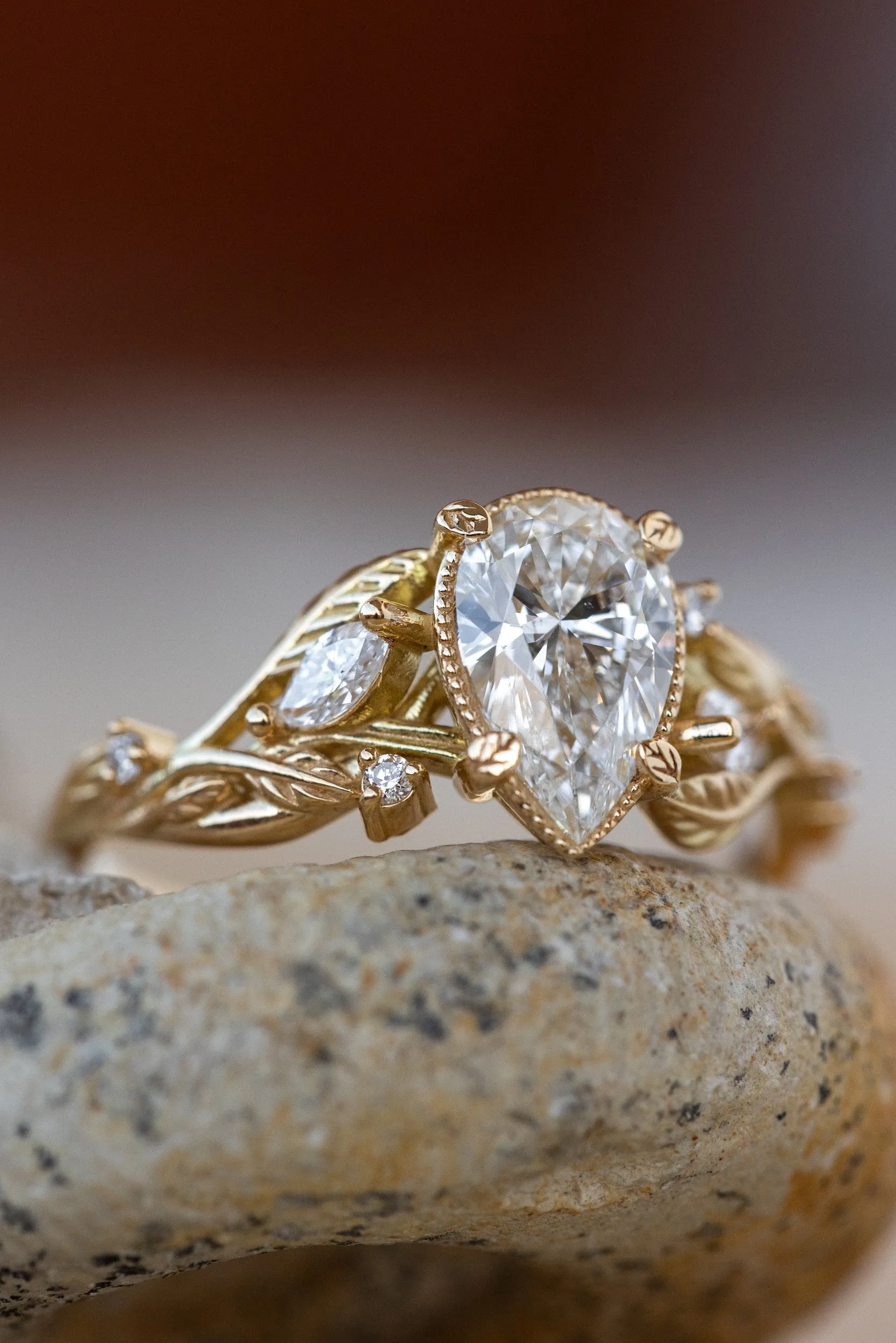 Lab grown diamond engagement ring, gold nature inspired ring with leaves and diamonds / Patricia