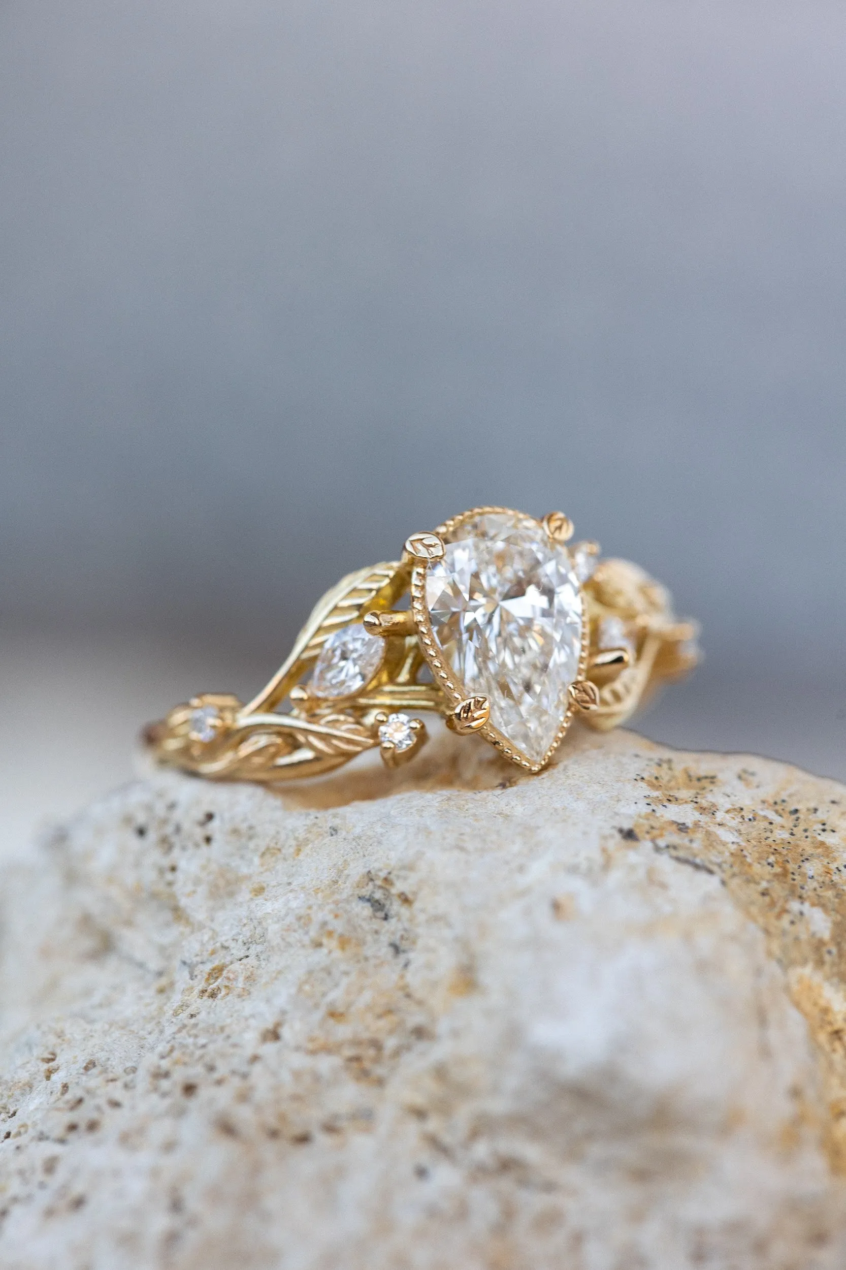 Lab grown diamond engagement ring, gold nature inspired ring with leaves and diamonds / Patricia