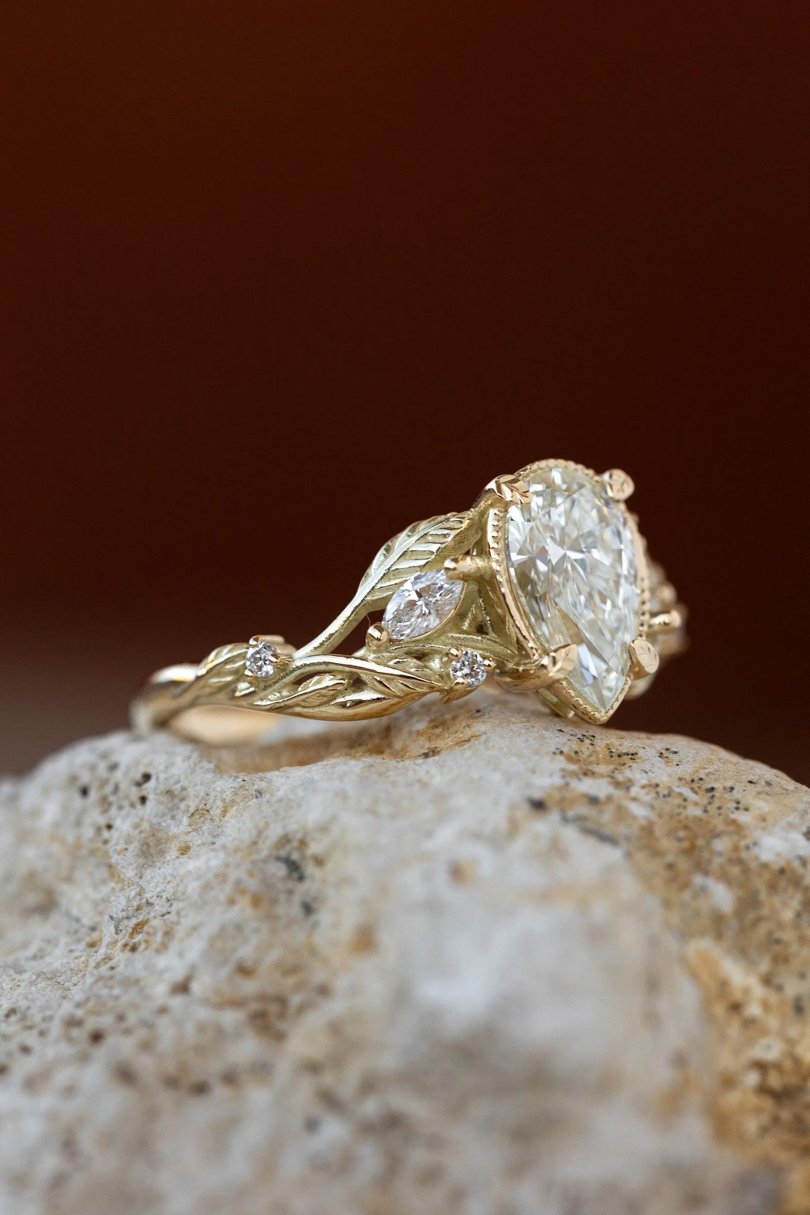 Lab grown diamond engagement ring, gold nature inspired ring with leaves and diamonds / Patricia