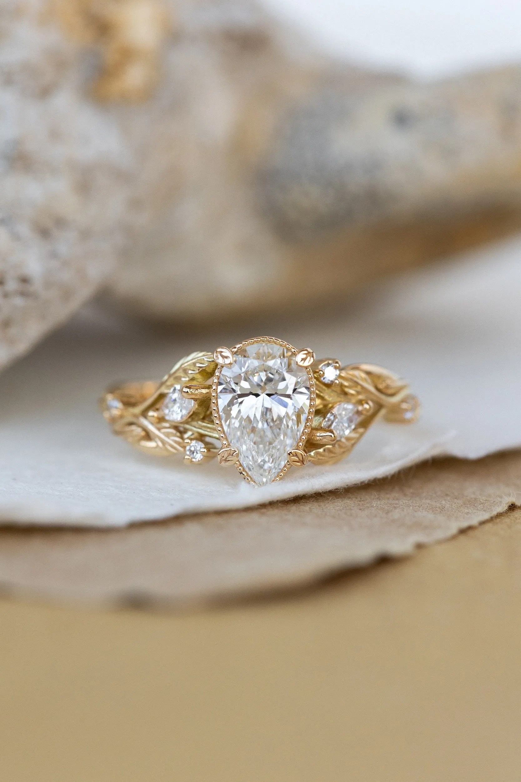 Lab grown diamond engagement ring, gold nature inspired ring with leaves and diamonds / Patricia