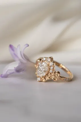 Lab grown diamond engagement ring, nature inspired gold ring with diamond halo / Sophie