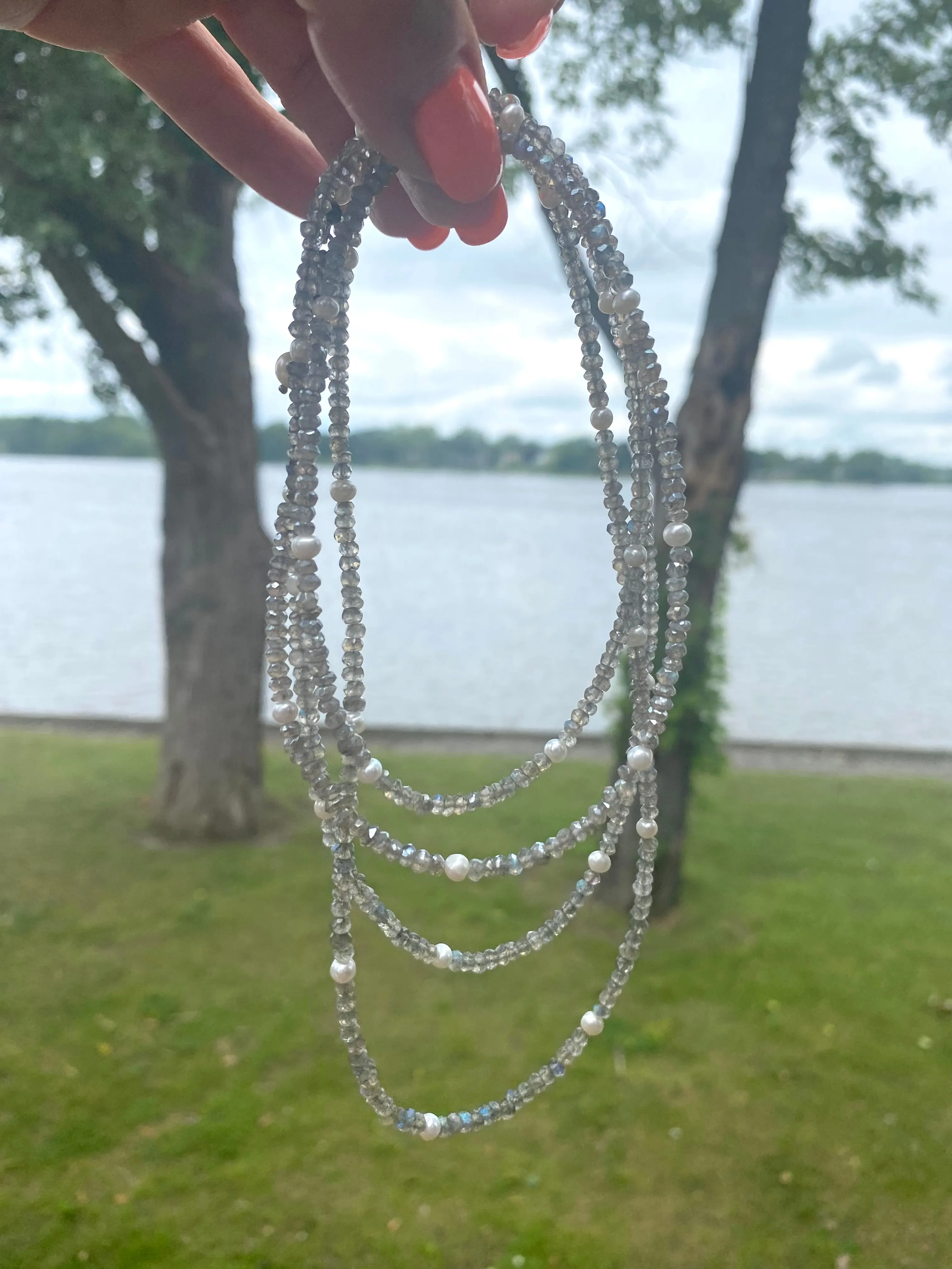 Labradorite and Freshwater Pearl Long Necklace, 50inches