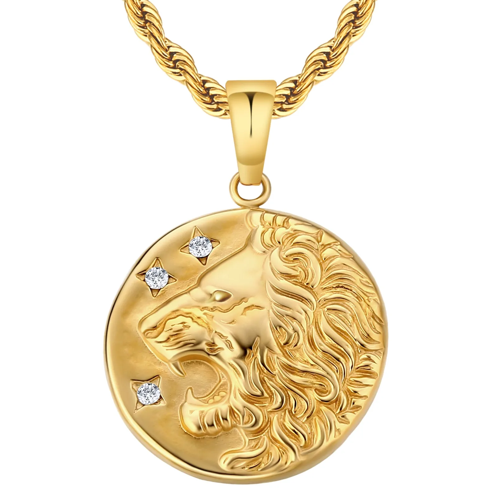 Lion Gold Coin Pendant Necklace with Rope Chain for Men