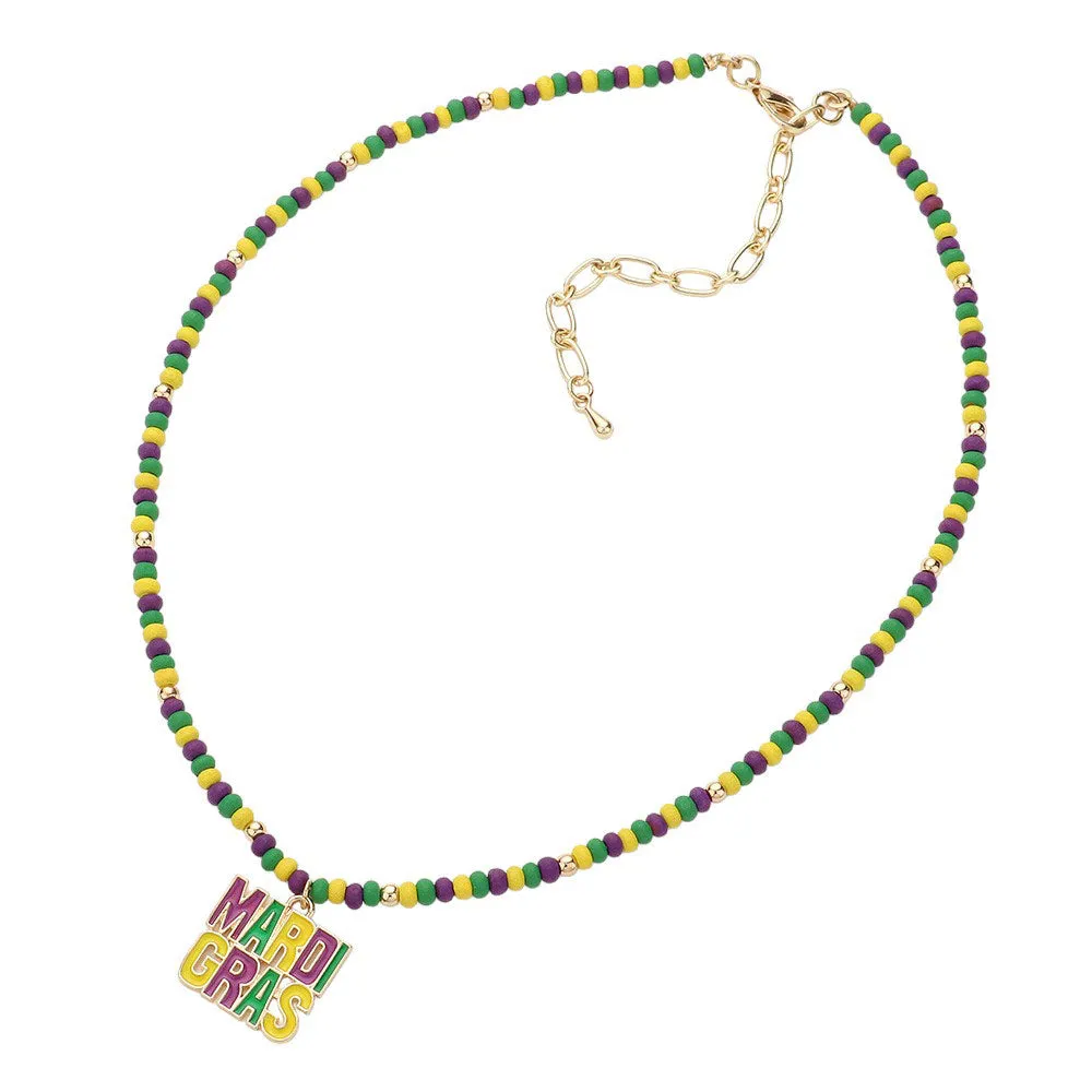 Mardi Gras Message Pendant Wood Ball Necklace