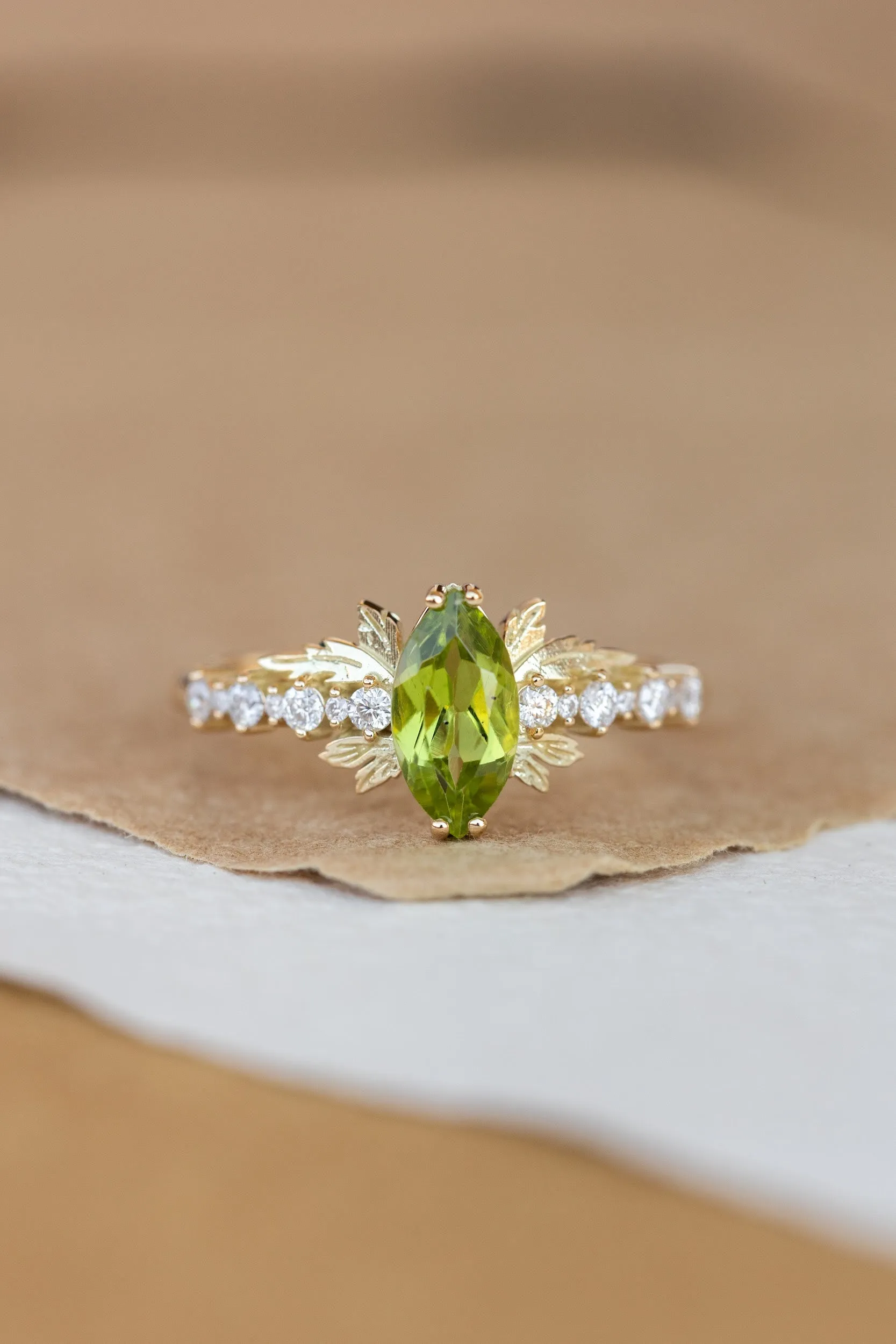 Marquise cut peridot engagement ring, nature inspired gold ring with accent diamonds / Verbena