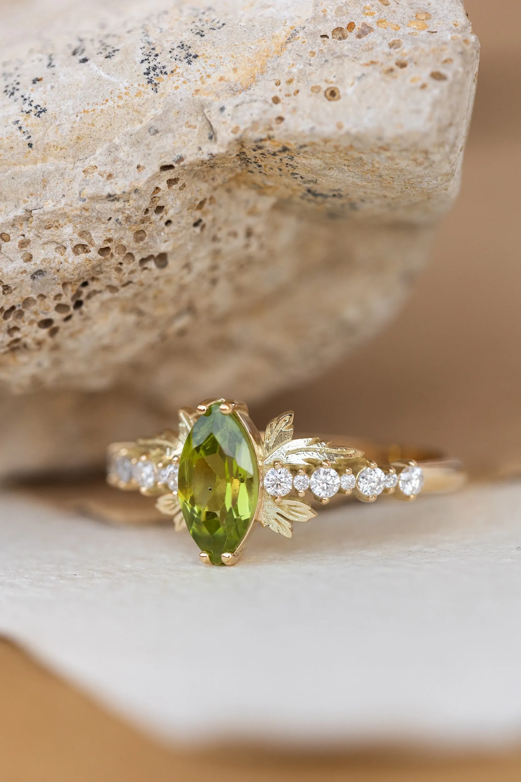 Marquise cut peridot engagement ring, nature inspired gold ring with accent diamonds / Verbena