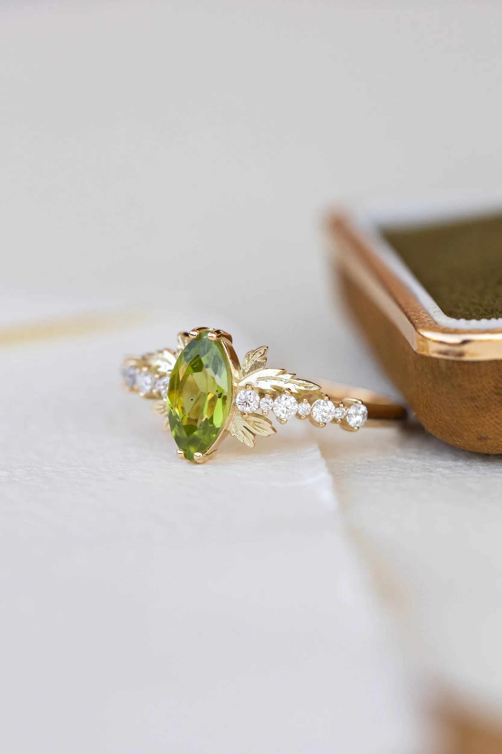 Marquise cut peridot engagement ring, nature inspired gold ring with accent diamonds / Verbena