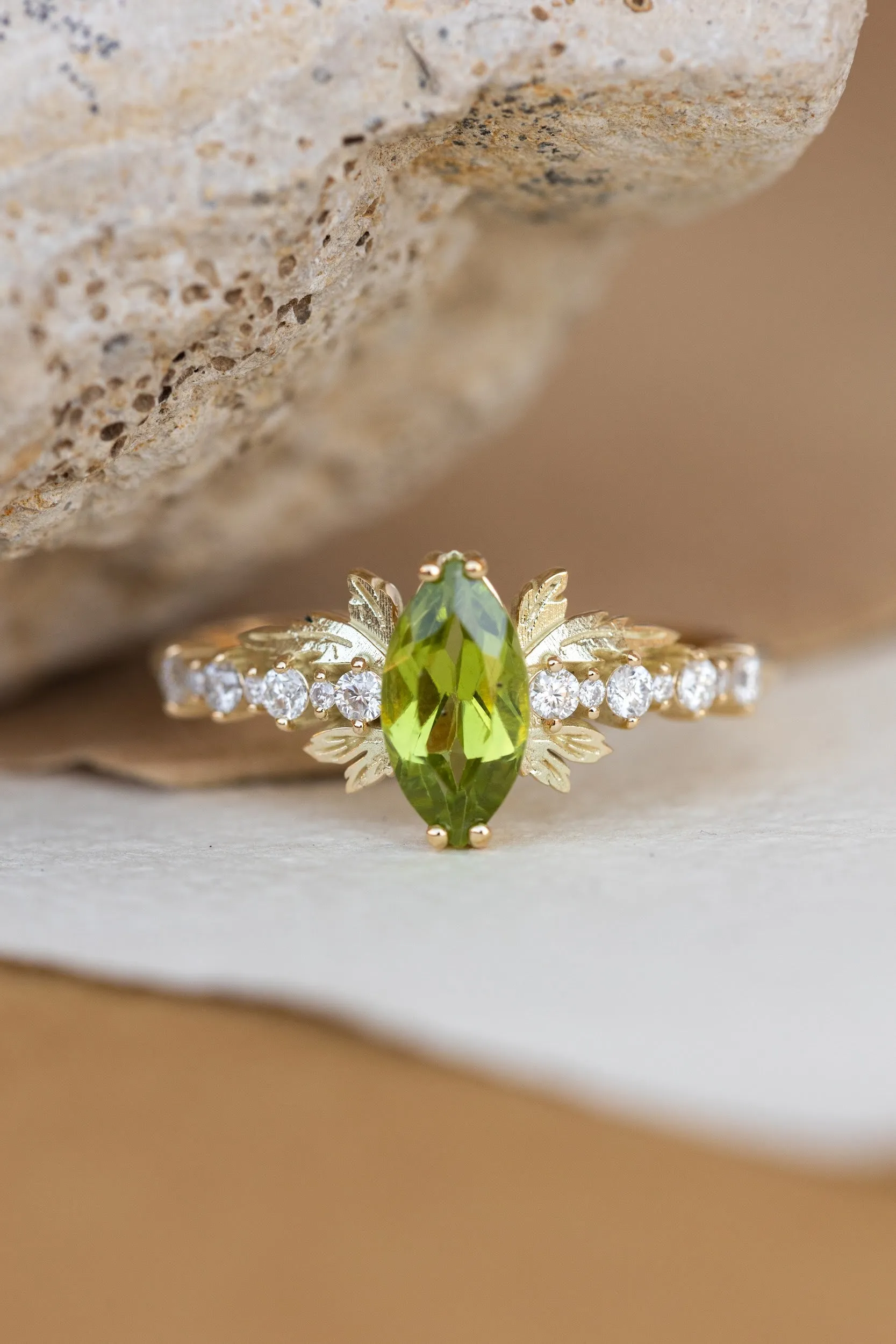 Marquise cut peridot engagement ring, nature inspired gold ring with accent diamonds / Verbena