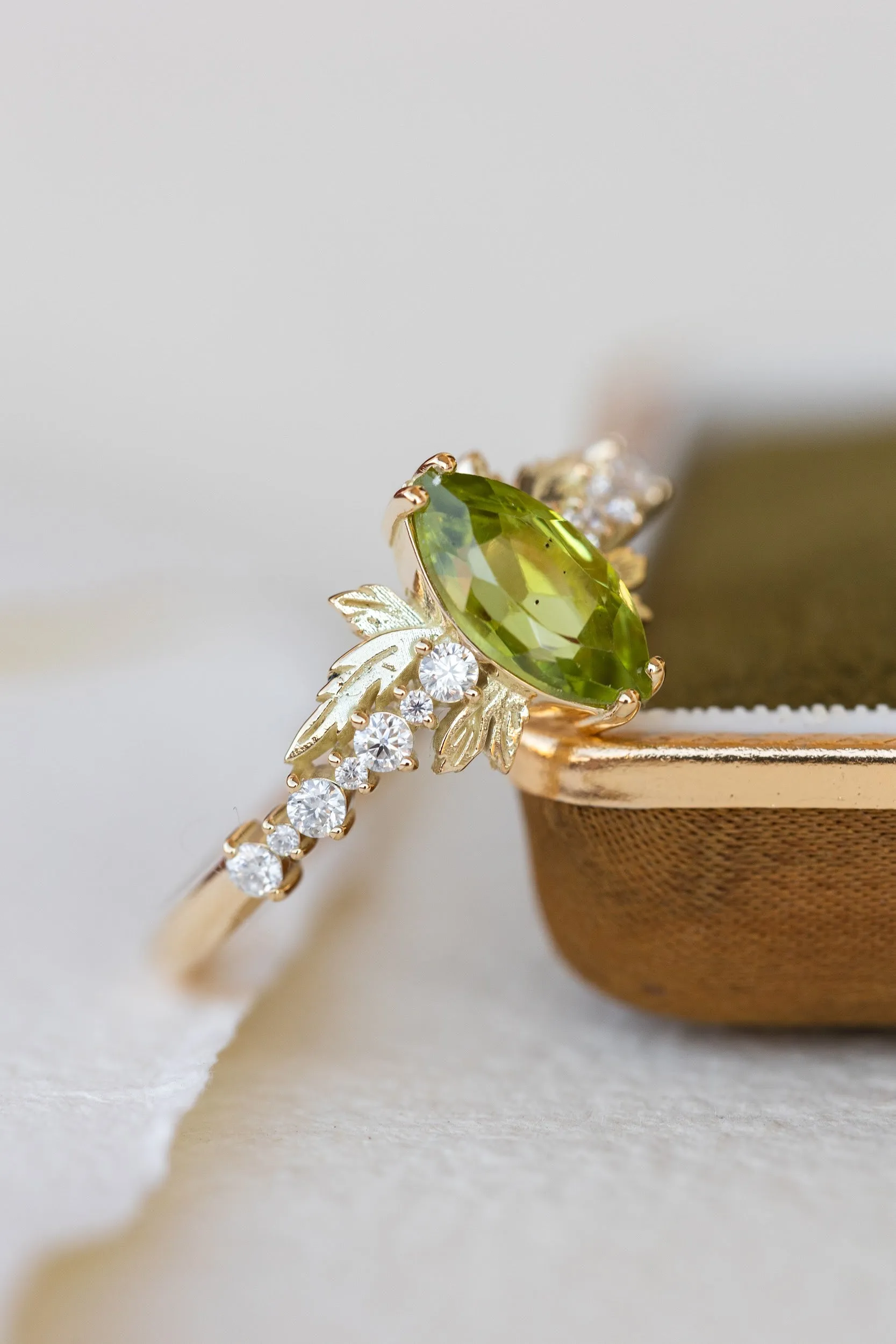 Marquise cut peridot engagement ring, nature inspired gold ring with accent diamonds / Verbena