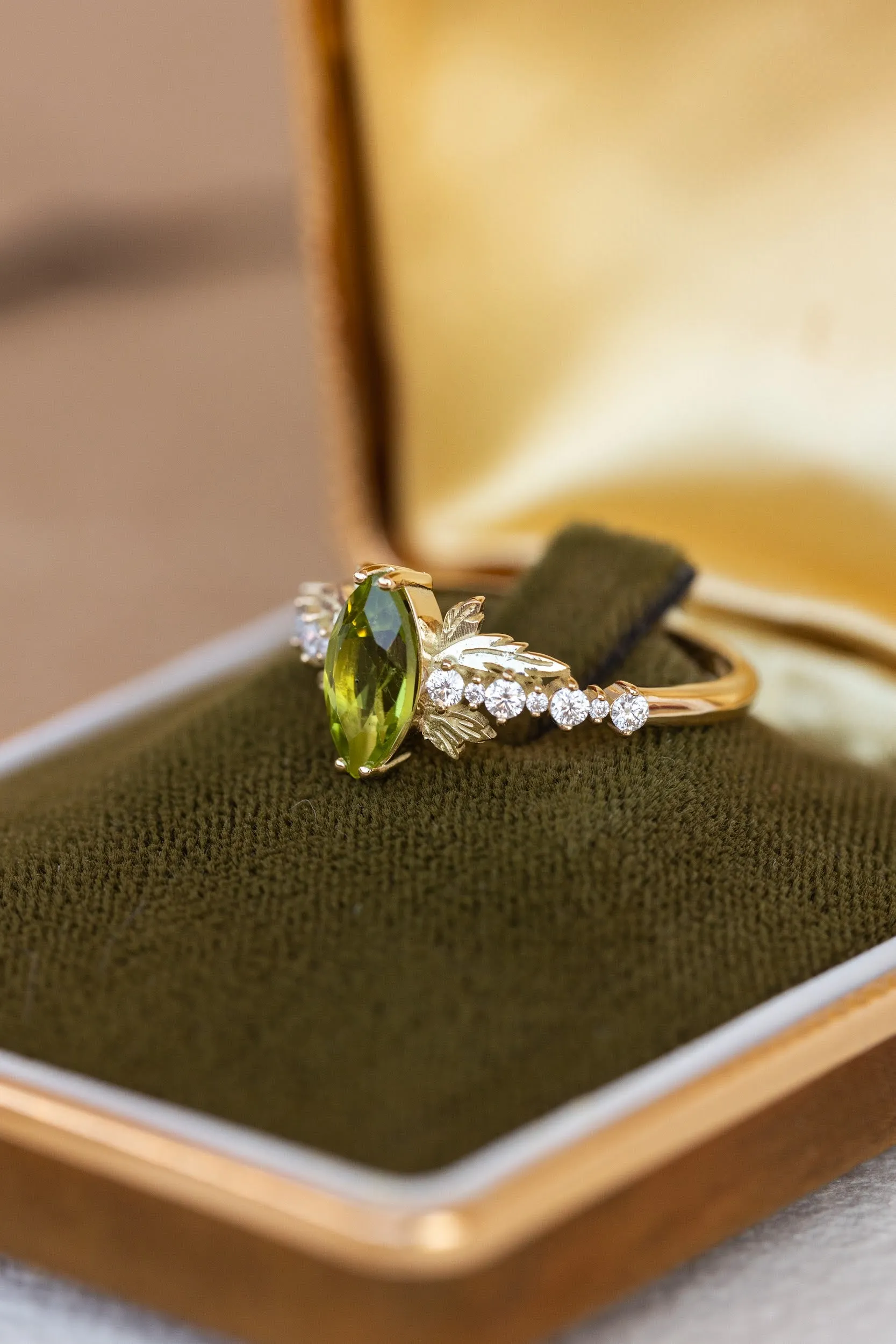 Marquise cut peridot engagement ring, nature inspired gold ring with accent diamonds / Verbena