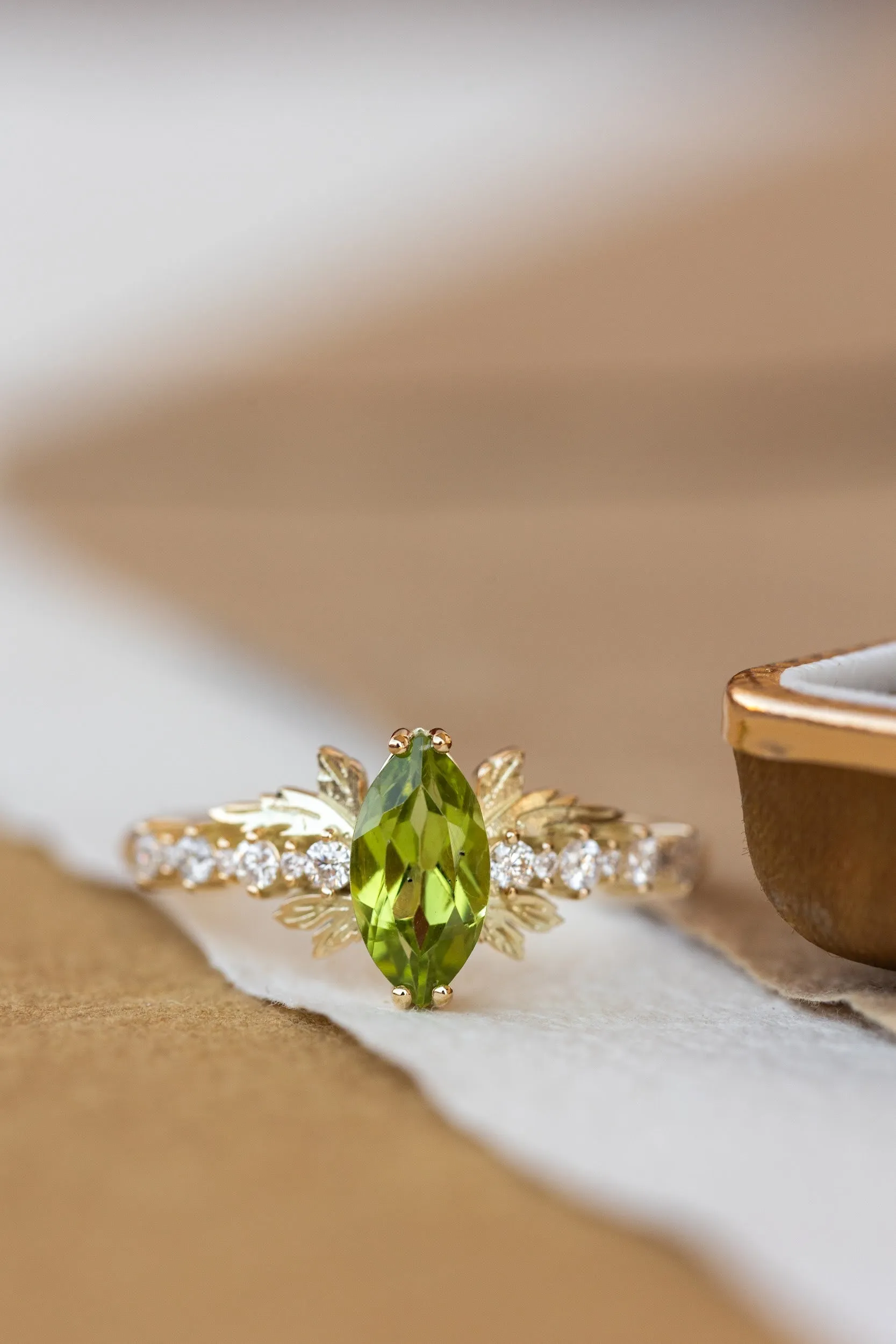 Marquise cut peridot engagement ring, nature inspired gold ring with accent diamonds / Verbena