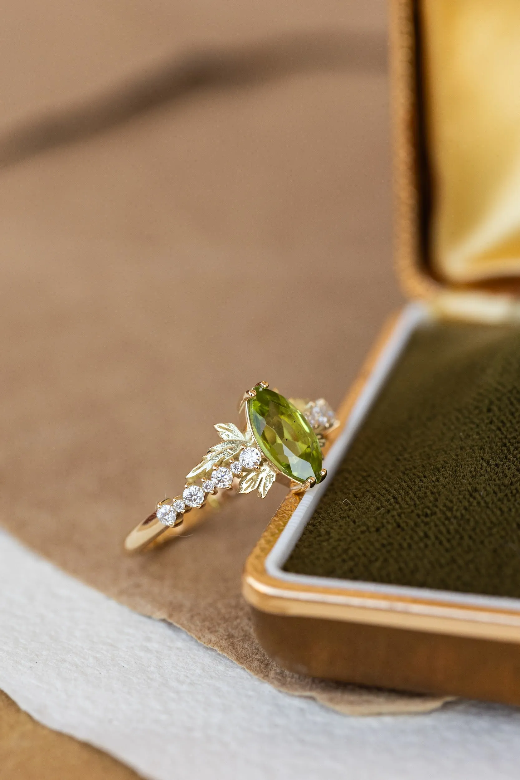 Marquise cut peridot engagement ring, nature inspired gold ring with accent diamonds / Verbena