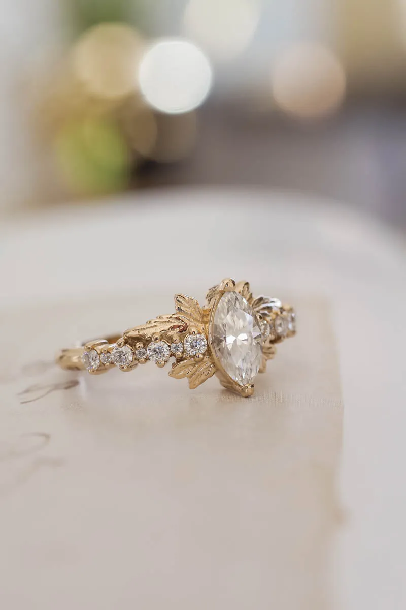 Marquise moissanite engagement ring, gold leaf ring / Verbena