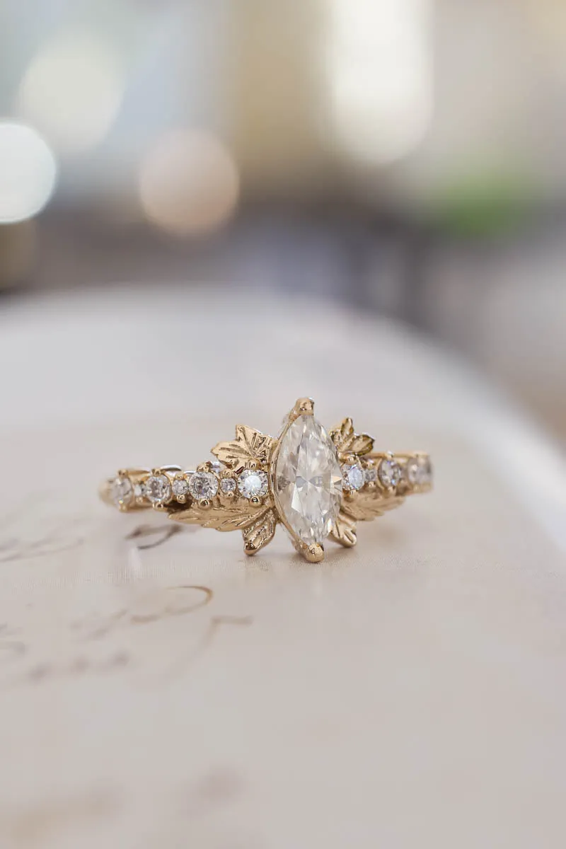 Marquise moissanite engagement ring, gold leaf ring / Verbena