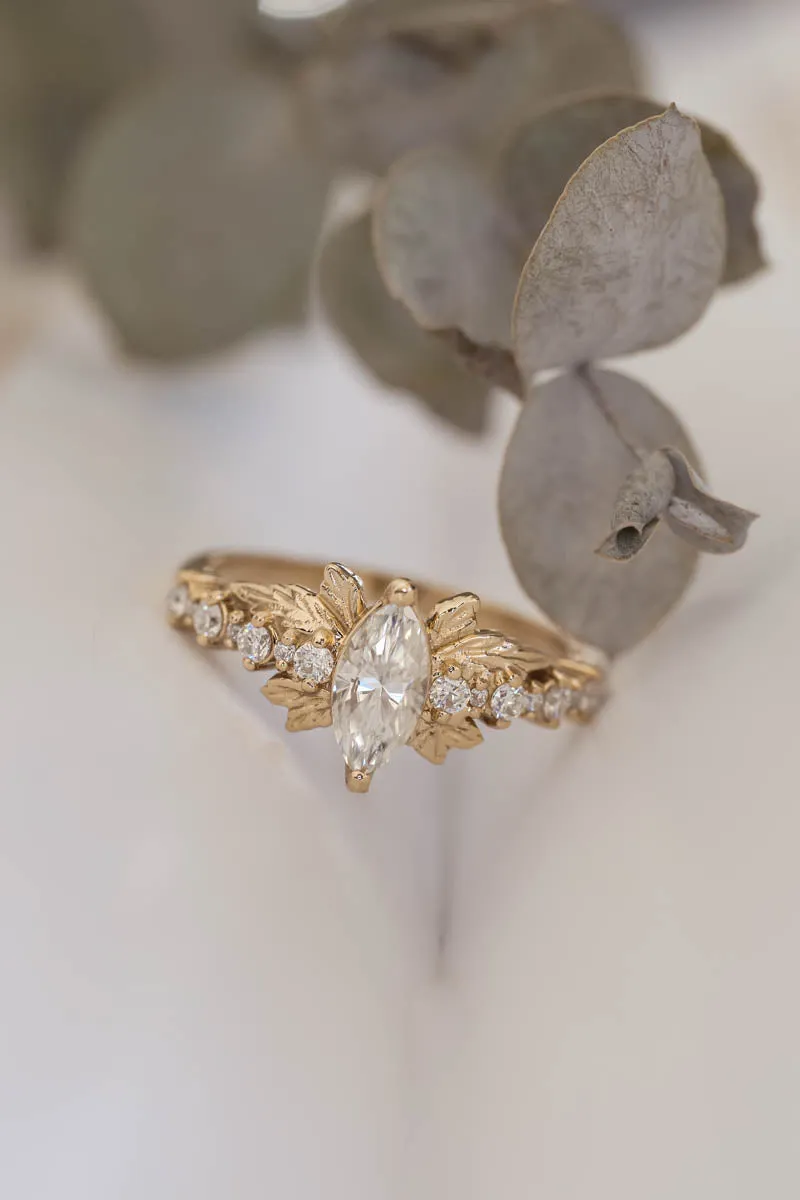 Marquise moissanite engagement ring, gold leaf ring / Verbena