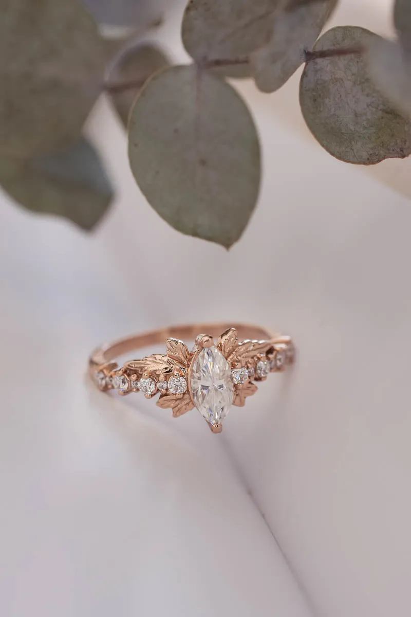 Marquise moissanite engagement ring, gold leaf ring / Verbena