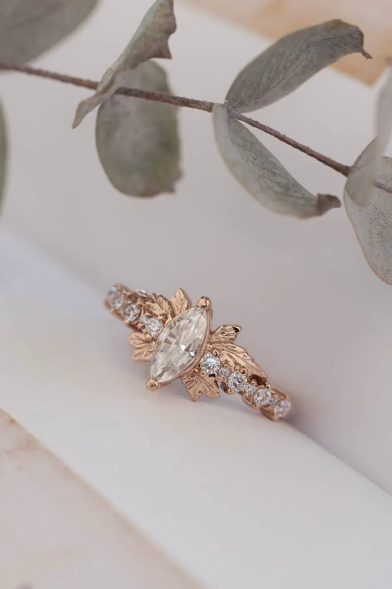 Marquise moissanite engagement ring, gold leaf ring / Verbena