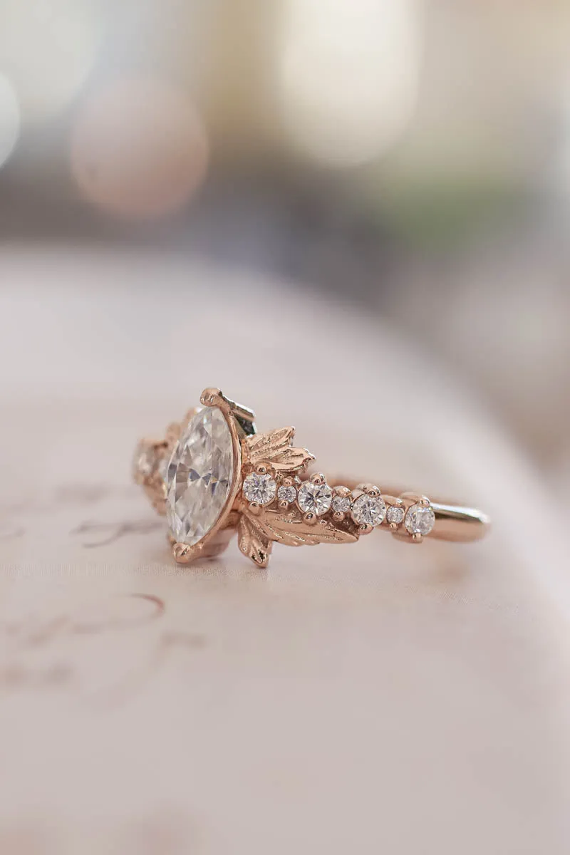 Marquise moissanite engagement ring, gold leaf ring / Verbena