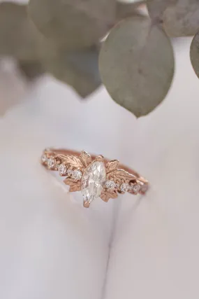 Marquise moissanite engagement ring, gold leaf ring / Verbena